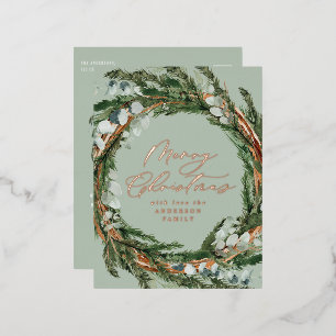 Modern minimal watercolor foliage sage Christmas Foil Holiday Postcard