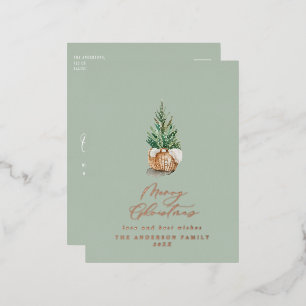 Modern minimal watercolor sage green Christmas Foil Holiday Postcard