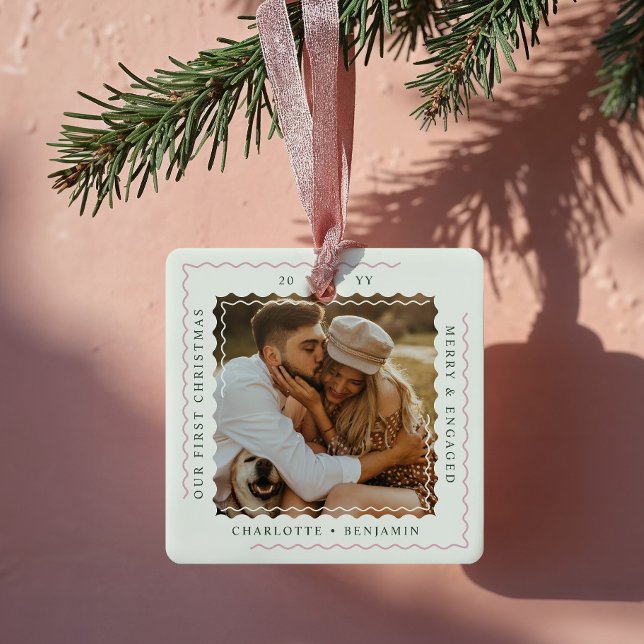 Modern Minimal Wavy First Christmas Engaged Photo Ceramic Ornament (Modern Minimal Wavy First Christmas Engaged Photo Ceramic Ornament)