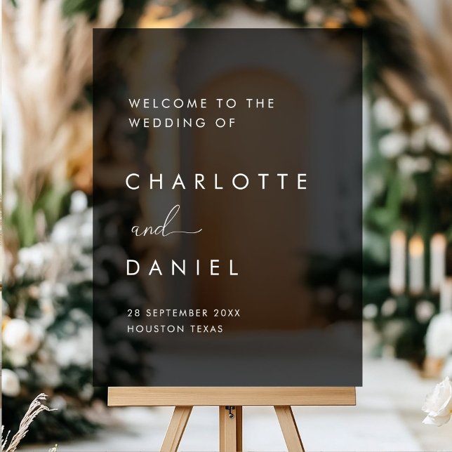 Modern, minimal Wedding Acrylic Sign (Modern, minimal, black, transparent, Wedding Acrylic Sign with your names and date.)