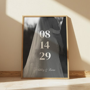 Modern Minimal Wedding Date Black & White Photo Poster