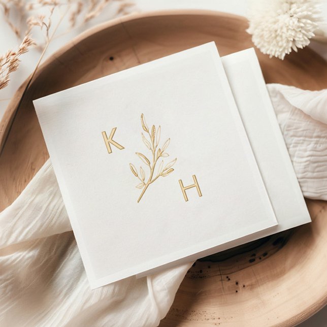 Modern Minimal Wedding Monogram Greenery Leaves Foil Napkins (Elegant gold foil minimal greenery wedding monogram napkins.)