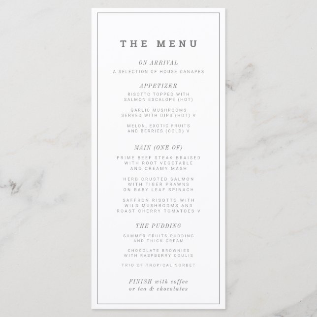 Modern minimal wedding or event custom mono menu (Front)