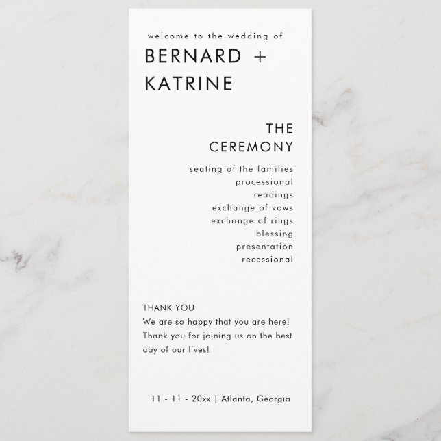 Modern Minimal Wedding Program Order Of Events (Front)