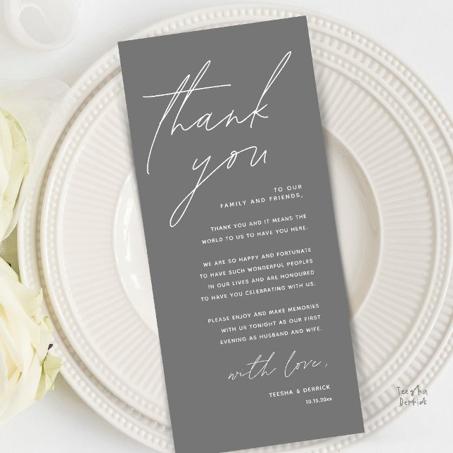 Modern Minimal Wedding Reception Thank You Card (Modern Minimal Wedding Reception Dinner Brunch Lunch Thank You Card in Dark Grey)