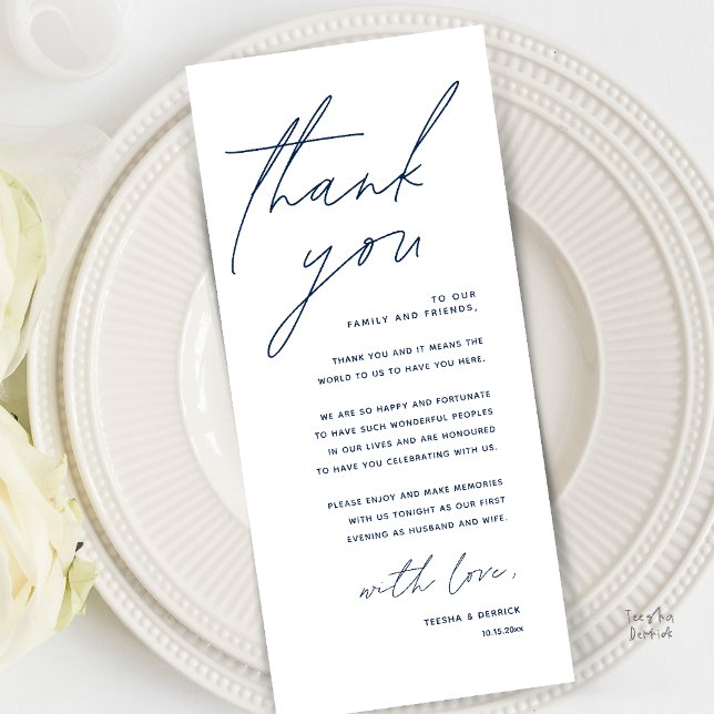 Modern Minimal Wedding Reception Thank You Card (Modern Minimal Wedding Reception Dinner Brunch Lunch Thank You Card in Navy Blue)