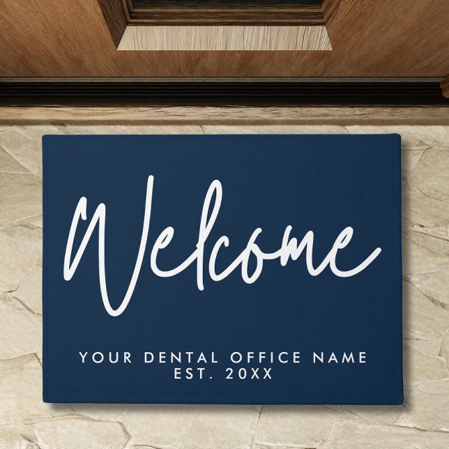 Modern Minimal Welcome Script Dental Office Blue Doormat (Creator Uploaded)
