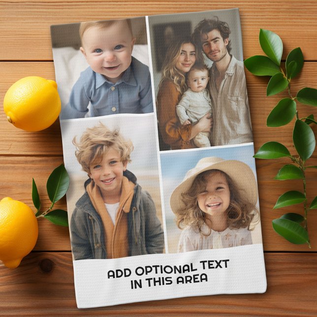 Modern Minimal White 4 Photo Collage - Chunky Text Tea Towel (Custom Kitchen Towel with a Photo Collage)
