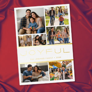 Modern Minimal White 7 Photo Collage Joyful Foil Holiday Card