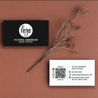 Modern Minimal White and Black Logo QR Code Business Card