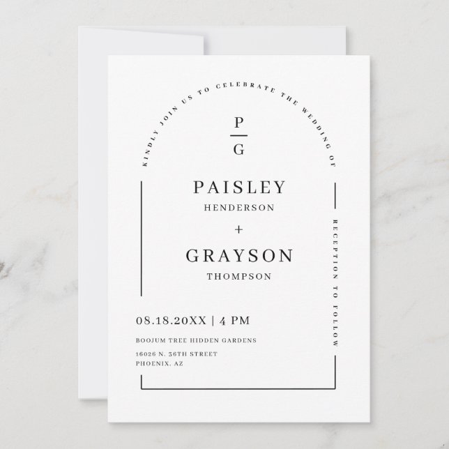Modern Minimal White Arch QR Code Wedding Photo Invitation (Front)