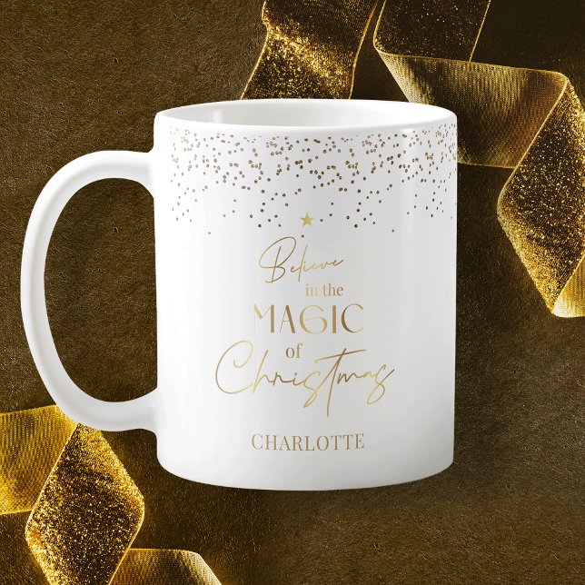 Modern Minimal White & Gold Glitter Christmas Tree Coffee Mug (Modern white & gold glitter holiday coffee mug design with space for your name)