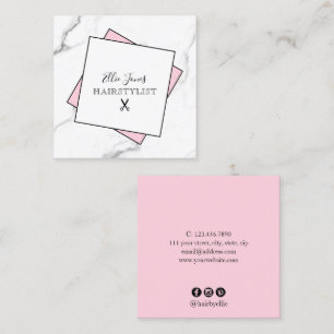 Modern minimal white marble & pink hairstylist square business card
