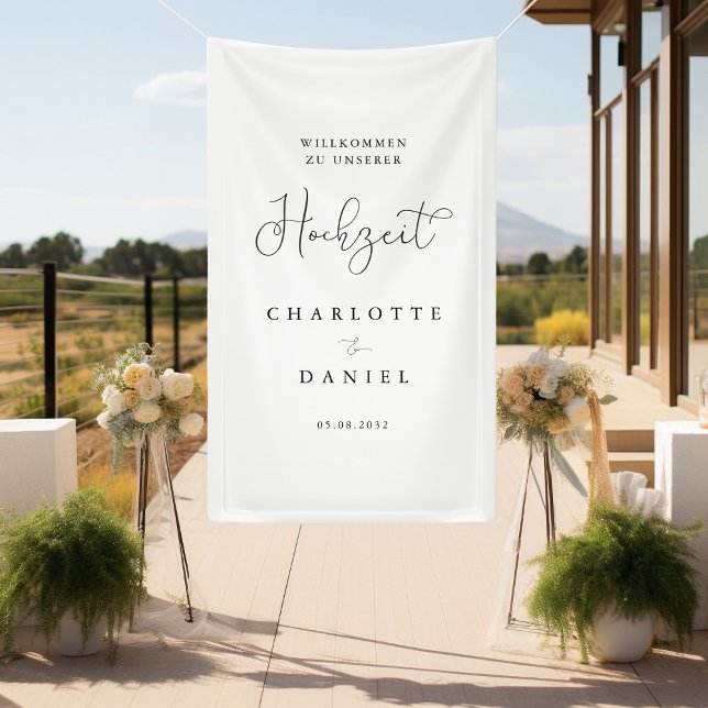 Modern, minimal, white "welcome" wedding banner (Modern, minimal, white "welcome" wedding banner with your name & date.)