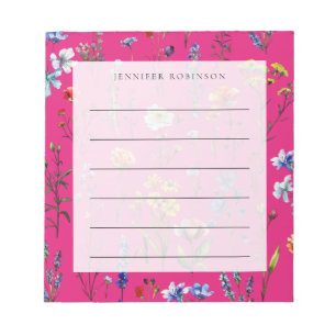 Modern Minimal Wildflower Meadow w/ Name Pink Notepad