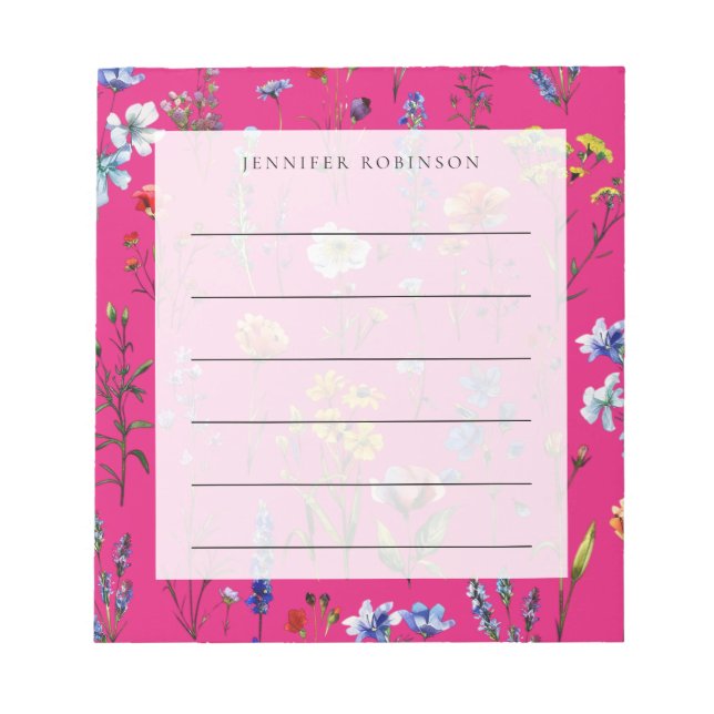 Modern Minimal Wildflower Meadow w/ Name Pink Notepad (Front)