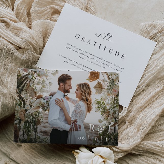 Modern Minimal "With Gratitude" Photo Wedding Thank You Card (Creator Uploaded)