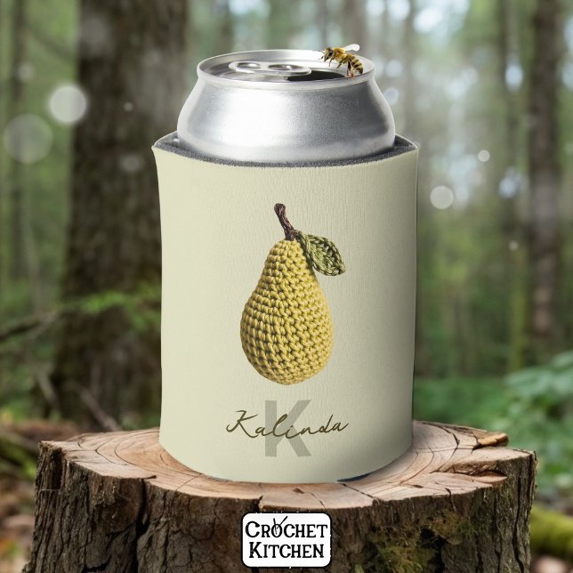 Modern Minimal Yellow Crochet Pear Monogram Name  Can Cooler (Creator Uploaded)