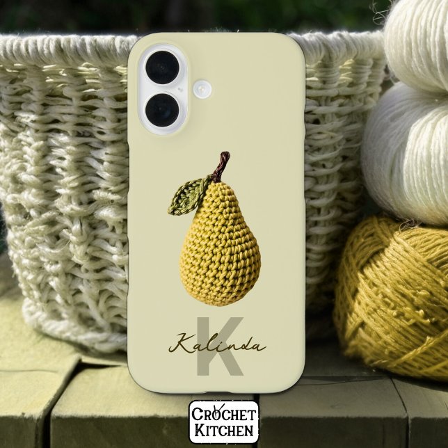 Modern Minimal Yellow Crochet Pear Monogram Name  Case-Mate iPhone Case (Creator Uploaded)
