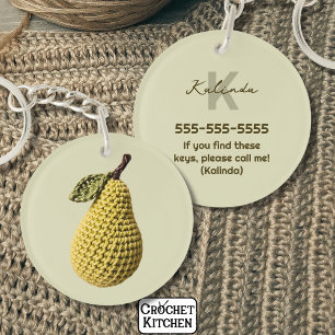 Modern Minimal Yellow Crochet Pear Monogram Name Key Ring