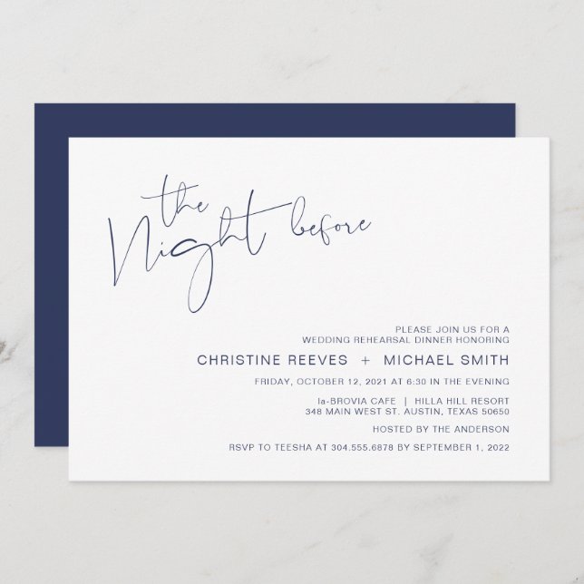 Modern Minimalism Navy BlueScript Rehearsal Dinner Invitation (Front/Back)