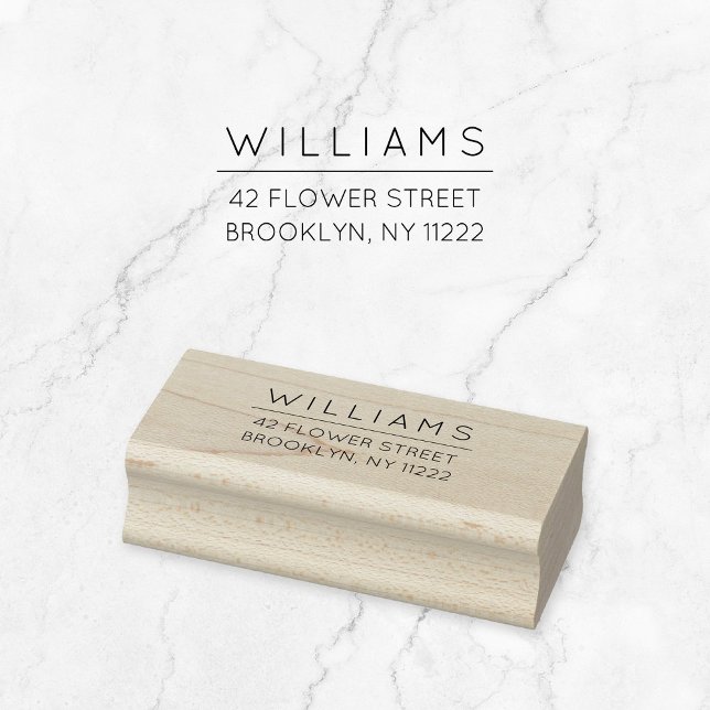 Modern Minimalist 01 Return Address Wooden Rubber Stamp (Modern, minimalist basic return address stamp featuring family name and custom address and fine line)