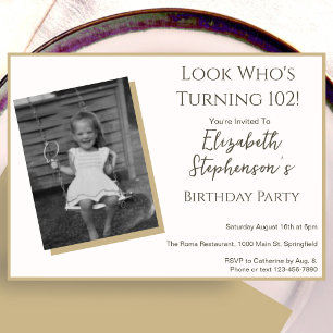 Modern Minimalist 102nd Birthday Photo Invitation