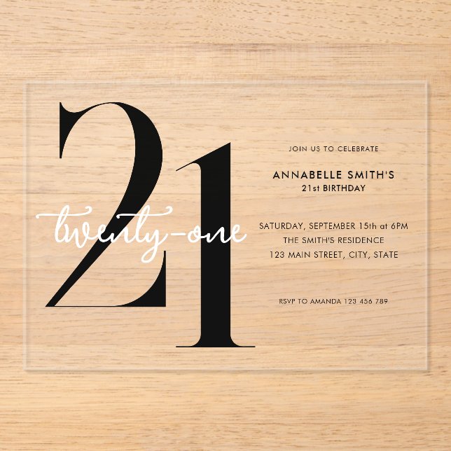 Modern Minimalist 21st Birthday Acrylic Invitations (Front)