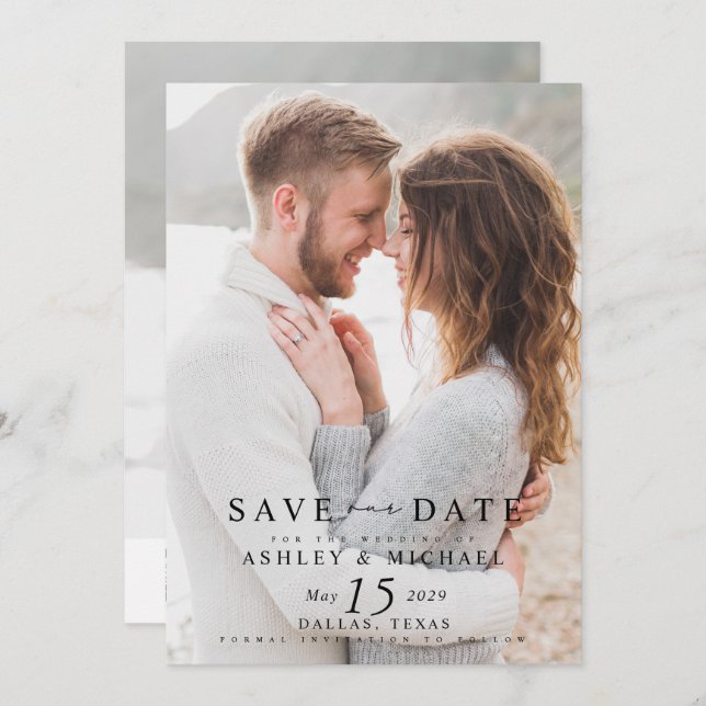 Modern Minimalist 2 Photo QR Code Website Overlay Save The Date (Front/Back)