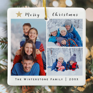 Modern Minimalist 3 Photo Collage Merry Christmas Ceramic Ornament
