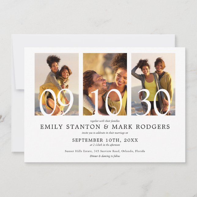 Modern Minimalist 3 Photo Collage Wedding Invitation (Front)