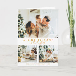 Modern Minimalist 3 Photo Gold Religious Christmas Holiday Card