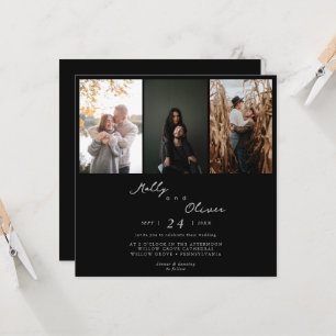 Modern Minimalist 3 Photos Black and White Wedding Invitation