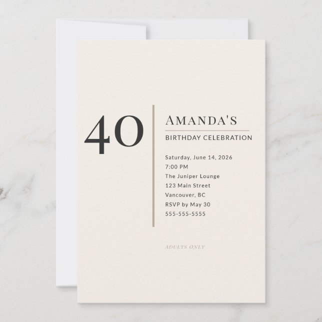 Modern Minimalist 40th Adult Birthday Celebration Invitation (Front)