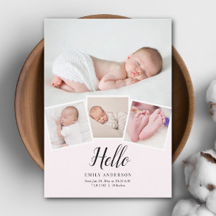 Modern Minimalist 4 Photo Collage Baby Girl Birth Announcement