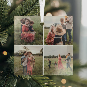 Modern Minimalist 4 Photo Collage Christmas Glass Tree Decoration