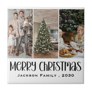 Modern Minimalist 4 Photo Collage Family Name Year Ceramic Tile