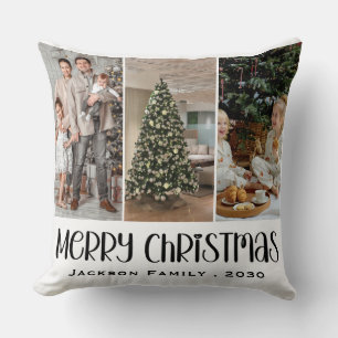 Modern Minimalist 4 Photo Collage Family Name Year Cushion