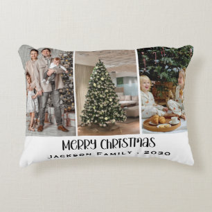 Modern Minimalist 4 Photo Collage Family Name Year Decorative Cushion