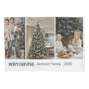 Modern Minimalist 4 Photo Collage Family Name Year Pillowcase