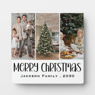 Modern Minimalist 4 Photo Collage Family Name Year Plaque