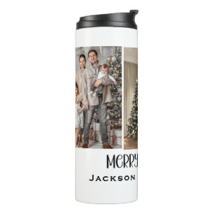 Modern Minimalist 4 Photo Collage Family Name Year Thermal Tumbler