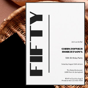 Modern Minimalist 50th Birthday Black and White  Invitation