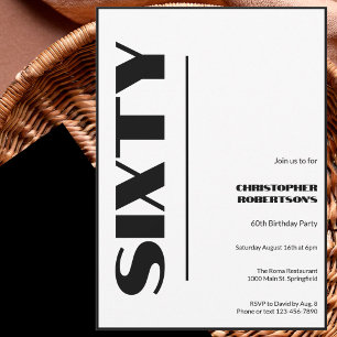 Modern Minimalist 60th Birthday Black and White Invitation