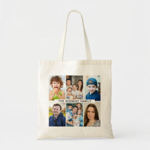 Modern Minimalist 6 Photo Collage Family Name Tote Bag