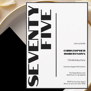 Modern Minimalist 75th Birthday Black and White Invitation