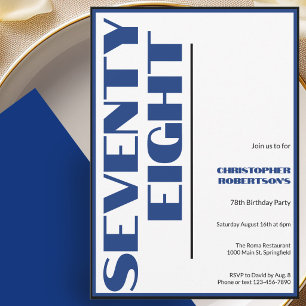 Modern Minimalist 78th Birthday Blue and Black Invitation