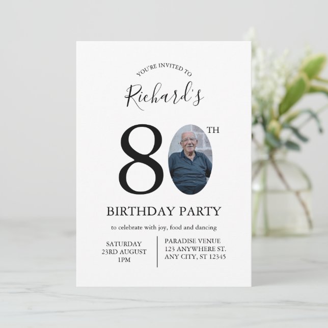 Modern Minimalist 80th Birthday Photo Invitation (Standing Front)