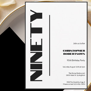 Modern Minimalist 90th Birthday Black and White Invitation