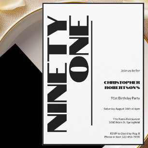 Modern Minimalist 91st Birthday Black and White Invitation